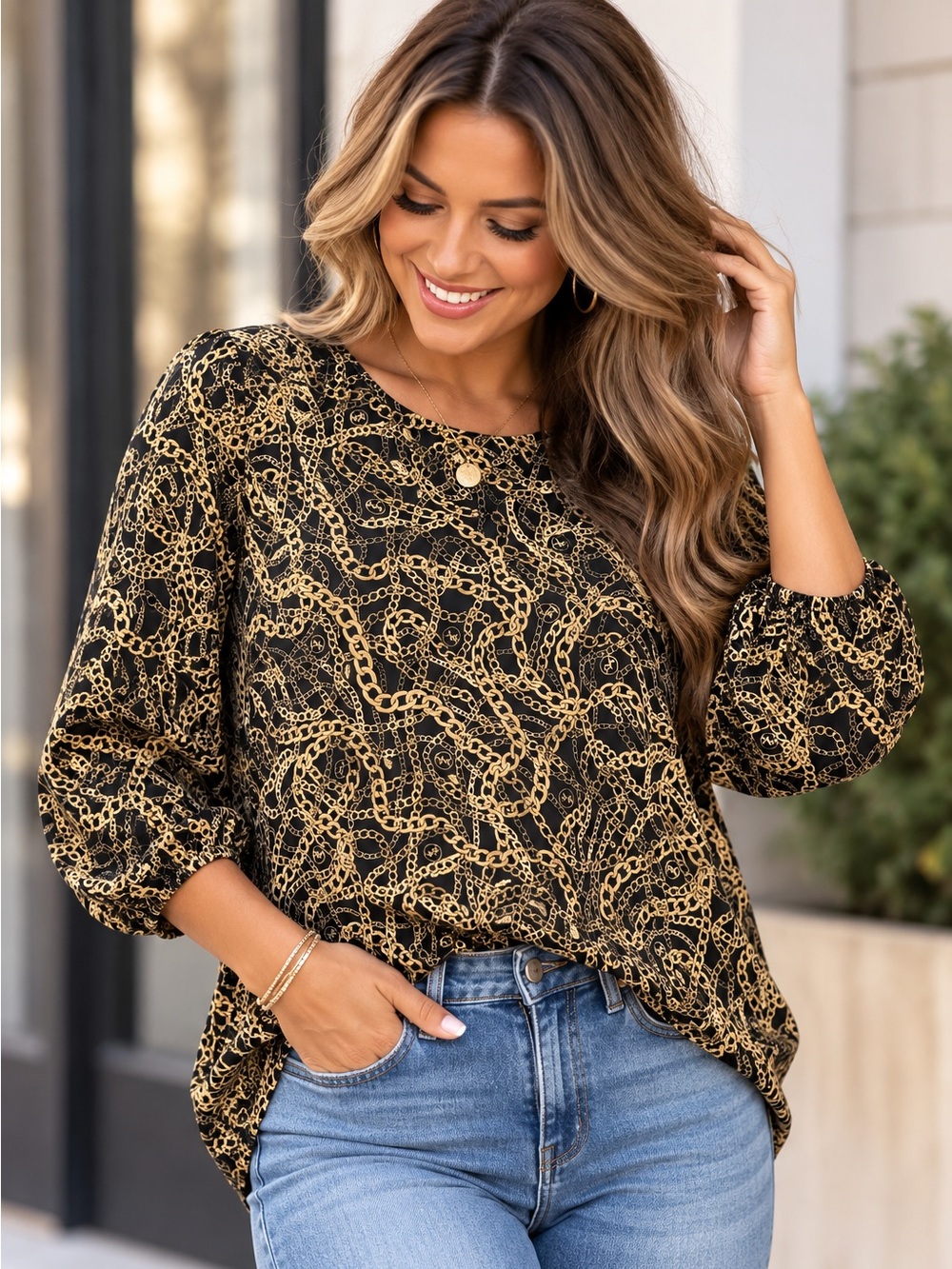 MICHAEL KORS Chain Link Logo Print Split Neck Blouse Size Small
